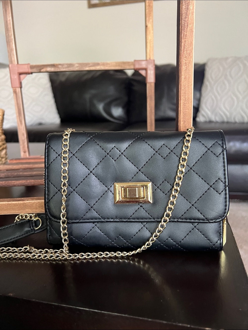Quilted Black Chain Crossbody Bag with Gold Hardware✨